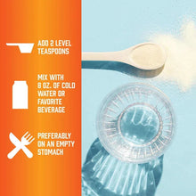 L-arginine powder spoonful held above a glass of ice water