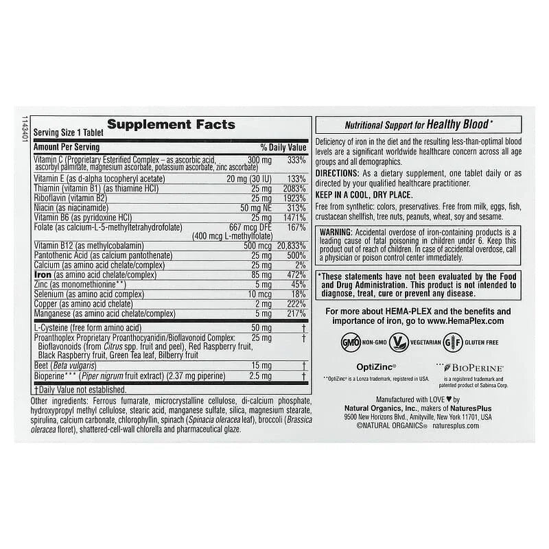 NaturesPlus, Hema-Plex®, Iron with Essential Nutrients for Healthy Red Blood Cells , 10 Slow Release Tablets