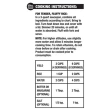 Cooking instructions panel for long grain rice, including simmer and altitude notes.