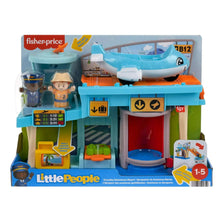 Blue airport playset in box with airplane toy, jet bridge, and included toddler figures