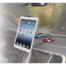 Black windshield phone holder with spring suction disc and adjustable clamp, red accents