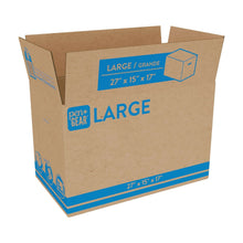 Large kraft moving box with open flaps, blue "Large" label and 27 x 15 x 17 in