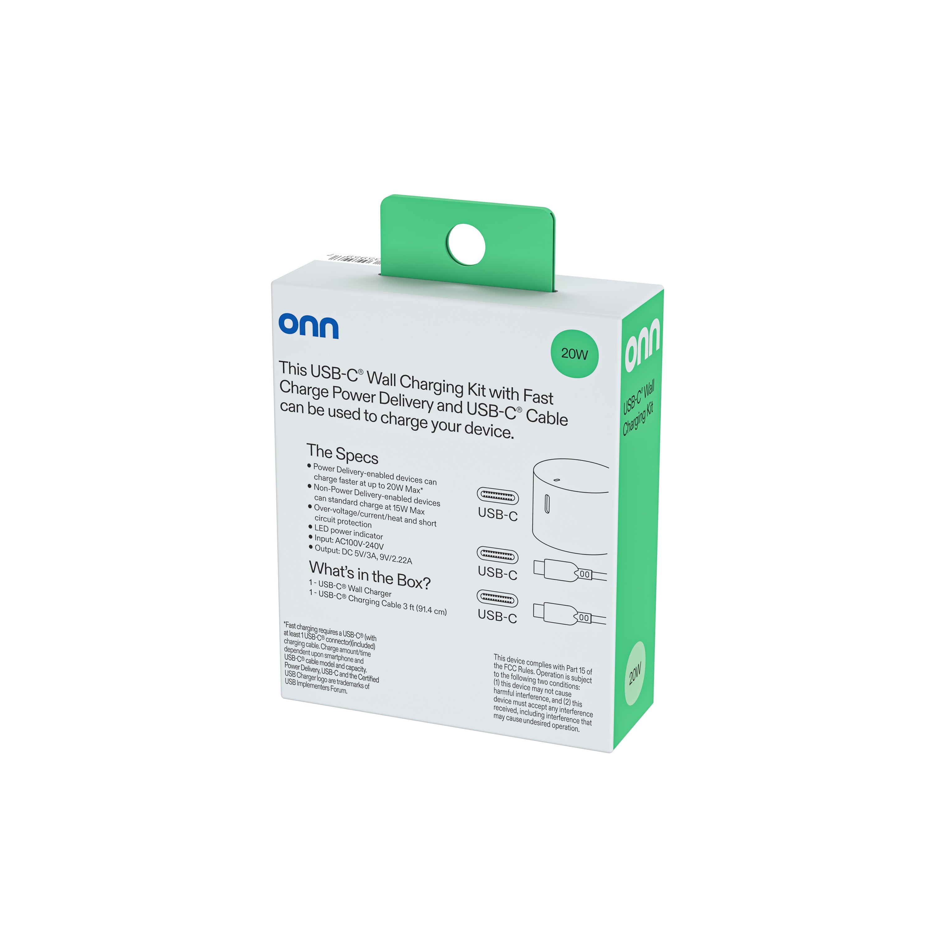 onn 20W Single USB-C Port Wall Charger with 3ft C-C Cable, Fast Charging, USB-IF Certified,Foldable Plug, White - Compatible with iPhone 17/16/15 Series, Galaxy, Note, Pixel, iPad Pro, & More
