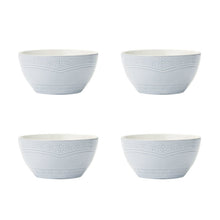 Blue stoneware cereal bowls with matching chevron and lace trim