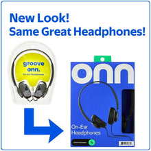 On-ear headphone retail packaging showing black headphones and 3.5 mm connector