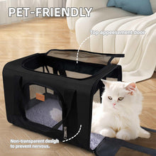 Black pet carrier with top opening and front mesh window with non-transparent panel