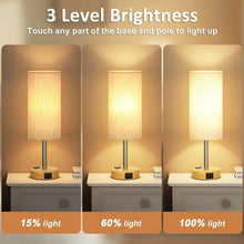 Touch table lamp shown with cream fabric shade at three brightness levels