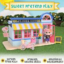 Flower shop dollhouse playset with pink flower cart and small bear doll figure