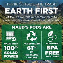 Maud's coffee pods sustainability graphic: 100% solar power, recycling centers, BPA-free
