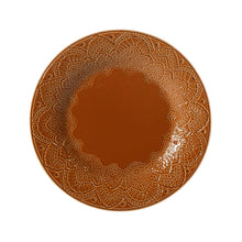 Caramel ceramic dinner plate with embossed lace medallion centerpiece and border