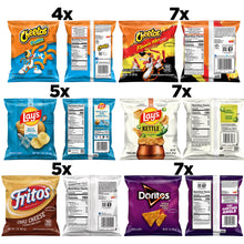 Snack variety pack collage with multiple Lay's, Cheetos, Fritos, and Doritos chip bags