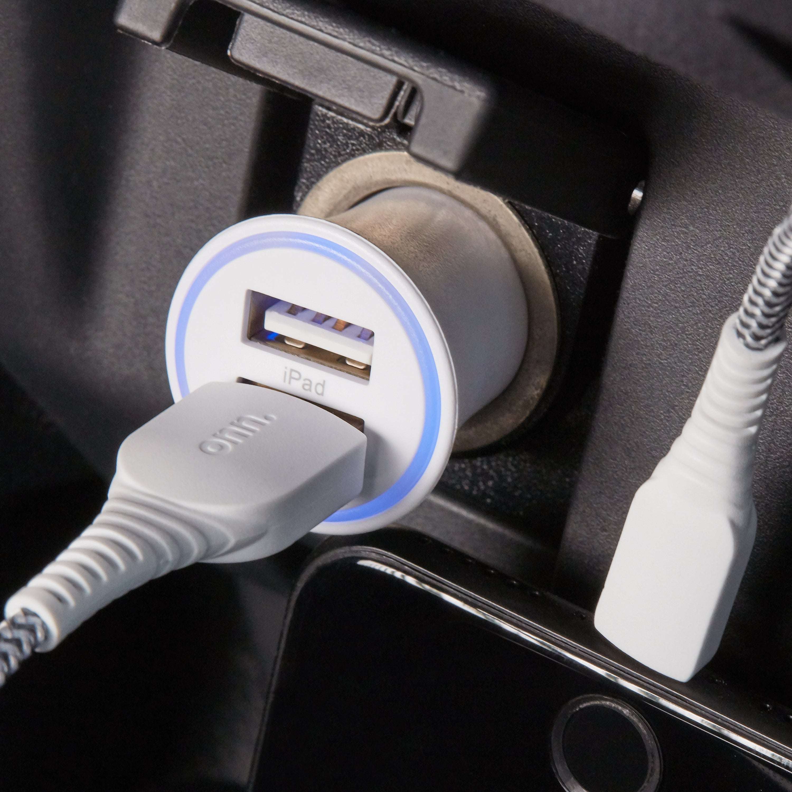onn. Dual-Port Car Charging Kit with Lightning to USB Cable, White