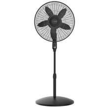 Black oscillating pedestal fan, front view with circular grille and pedestal base
