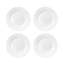 White porcelain salad plates with textured beaded rim, four-piece view