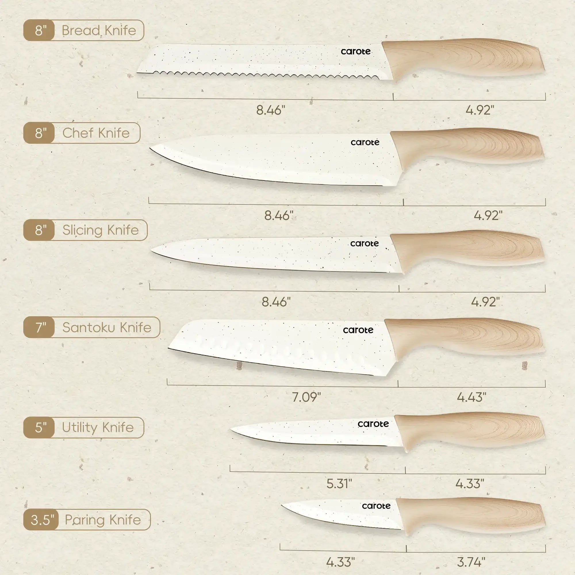 Carote 12Pcs Kitchen Knife Set with Blade Guards, White Granite Ceramic Knife, Stainless Steel - USA MEGA SHOP