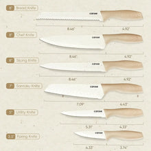 Assorted ceramic kitchen knives with cream handles laid out with size guides