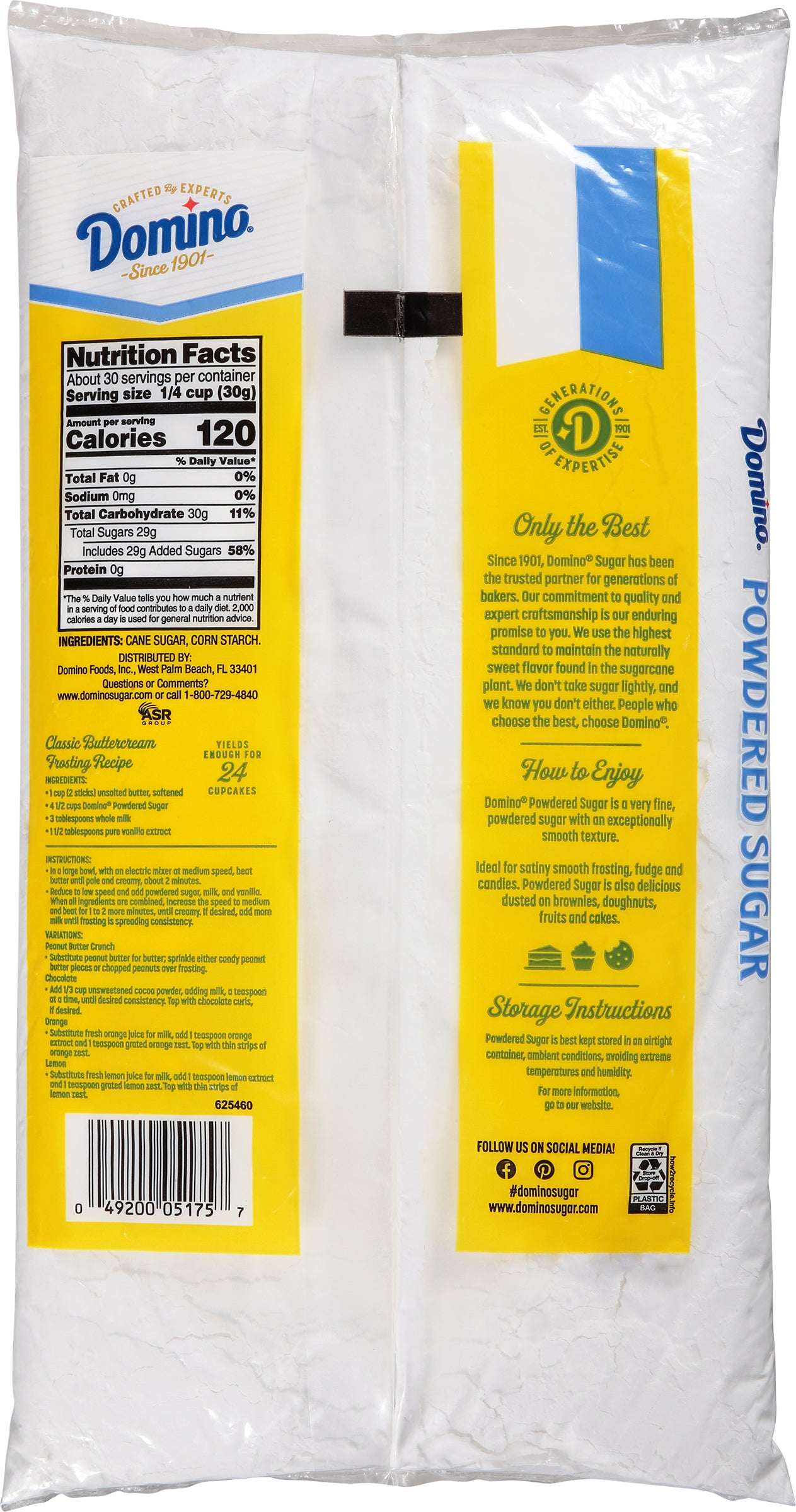 Domino Confectioners Sugar, Pure Cane 10-x Powdered, 2lb (907g), Plastic Bag