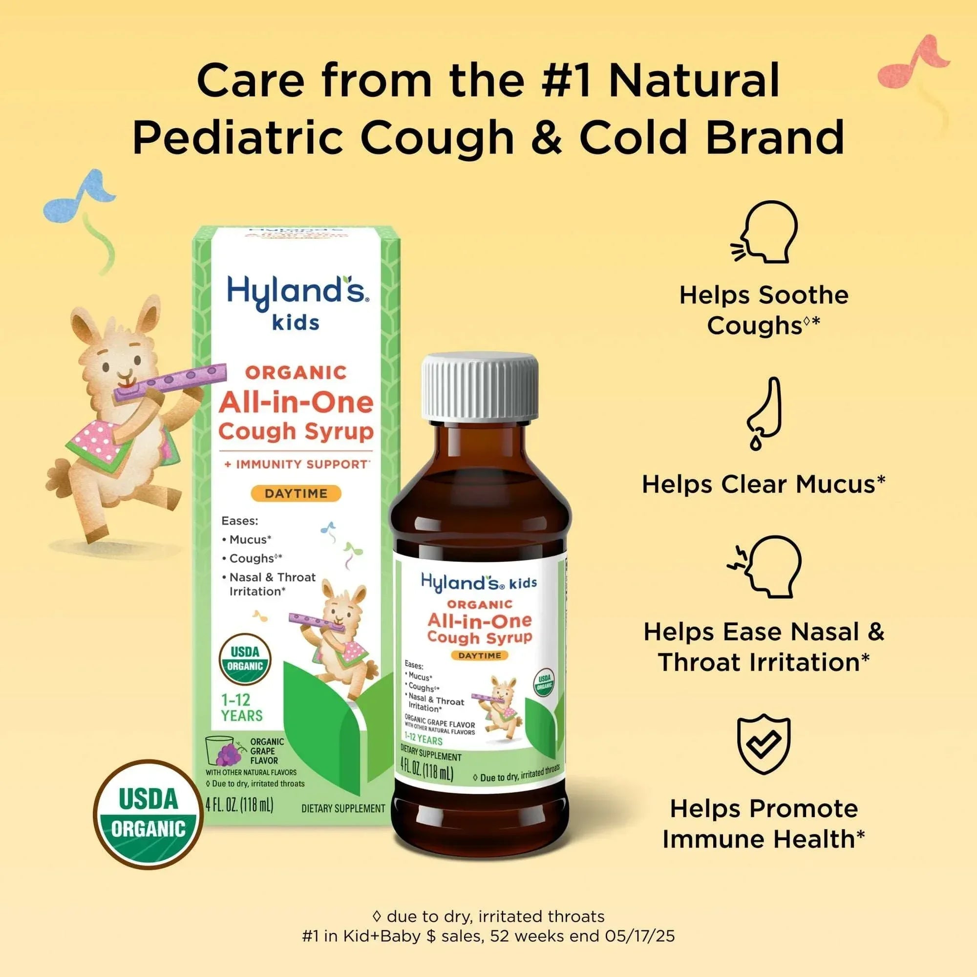 Hyland's Kids Organic All-in-One Cough Syrup, Daytime, Ages 1–12, 4 fl oz