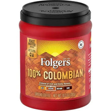 Red Folgers ground coffee can with black lid and 100% Colombian label
