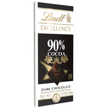 Lindt Excellence 90% cocoa dark chocolate bar box with 3.5 oz net weight