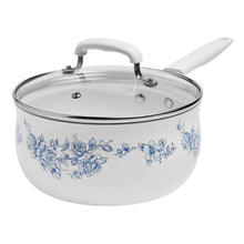 White ceramic pot with blue floral print and clear glass lid