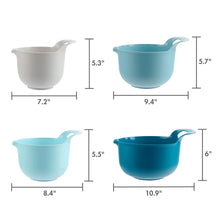 Plastic nesting mixing bowls set with handles and pour spouts, blue and light blue