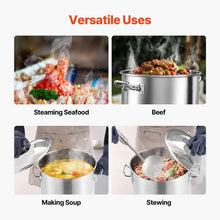 Stainless steel stockpot with lid and handles, steaming during cooking