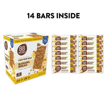 Protein bar multipack box showing 14 bars inside and wrapped banana bread bars