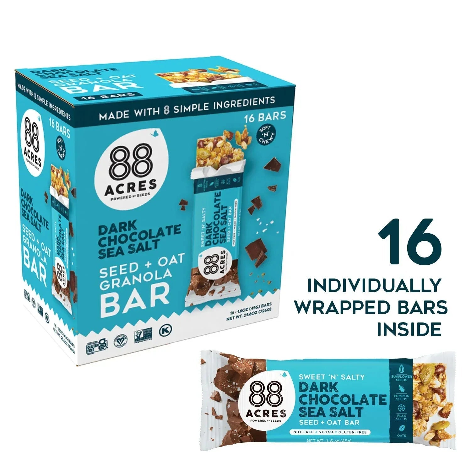 88 Acres Granola Bars, Dark Chocolate Sea Salt Seed+Oat, 16 pk.