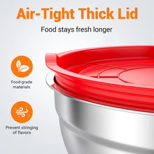 Red snap-on lid on stainless steel mixing bowl with tight seal rim