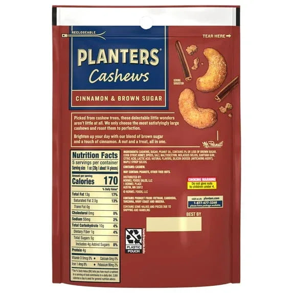 PLANTERS Cashews Cinnamon & Brown Sugar, Party Snacks, Plant Based Protein, 5 oz Bag