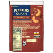 PLANTERS cashews cinnamon & brown sugar snack bag, back with nutrition facts