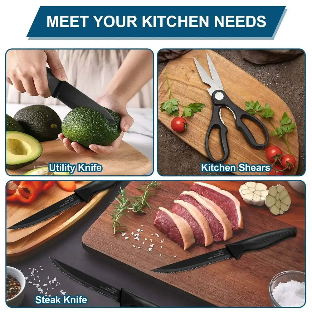 Walchoice 15 Pieces Knife Set with Block, High Carbon Stainless Steel Kitchen Knife Set with Sharpener, Rust Resistant & Dishwasher Safe - USA MEGA SHOP