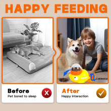 Duck-shaped interactive dog slow feeder toy, yellow with orange top and circular opening
