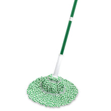 Circular twist mop head with green-and-white yarns and green handle