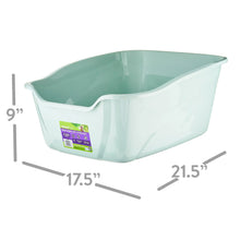 Hooded enclosed cat litter box with mint-green interior and white plastic shell