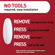 White Command wall hook with adhesive liner removal step graphics