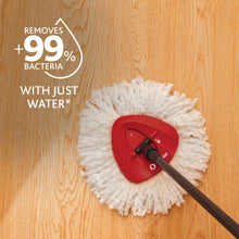 Microfiber spin mop pad with red circular wringer and black handle