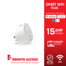Smart Wi-Fi outlet plug, white, round face with two-prong sockets and side plug pins