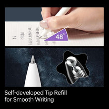 Gel pen with white barrel and fine tip, held above ruled notebook