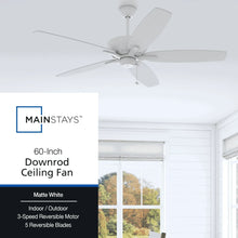 White ceiling fan with five reversible blades, visible motor housing and downrod