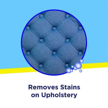 Stain remover ad card with blue upholstery fabric swatch and text about removing stains