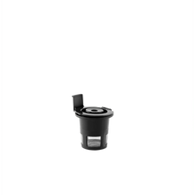 Matte single-serve coffee maker with open pod chamber and pod basket, black