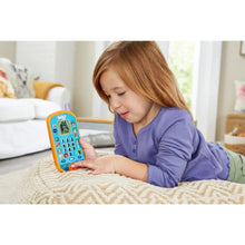 Bluey ring ring phone toy in blue and orange, held by a toddler