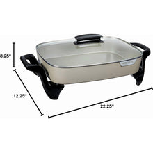 Grey ceramic electric skillet with lid; 22.25 in length and 8.25 in height