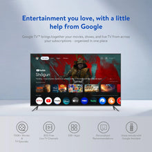 Streaming device feature mockup with TV showing Google TV home screen tiles