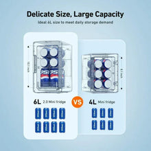 Front view mini fridge with open door and shelf layout diagram