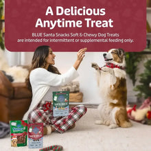 Dog treat bag with two dogs and a person holding a treat, anytime feeding info.