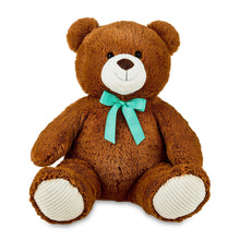 Brown teddy bear plush with teal ribbon bow and white striped paws