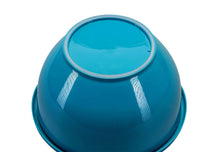 Teal plastic mixing bowl with round clear lid